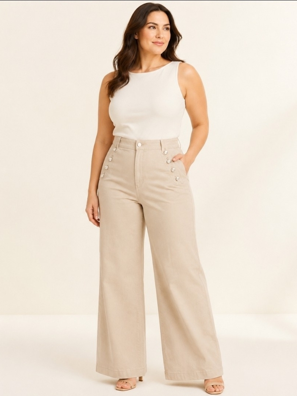 WHBM High Rise Wide Leg Sailor Jeans Beige Size 12